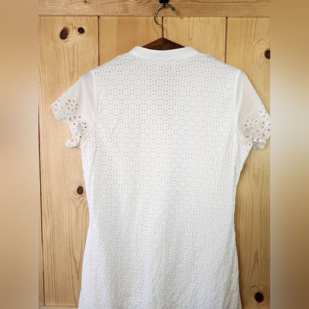 UNTUCKit Pearl White Cotton Eyelet Cap Sleeve Button Down Front Ruffle Hem Dress - Picture 5 of 14